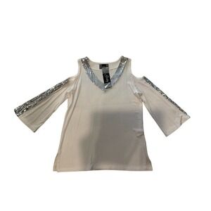 ΝWT Slinky Brand white beaded cold shoulder top Blouse sz Medium